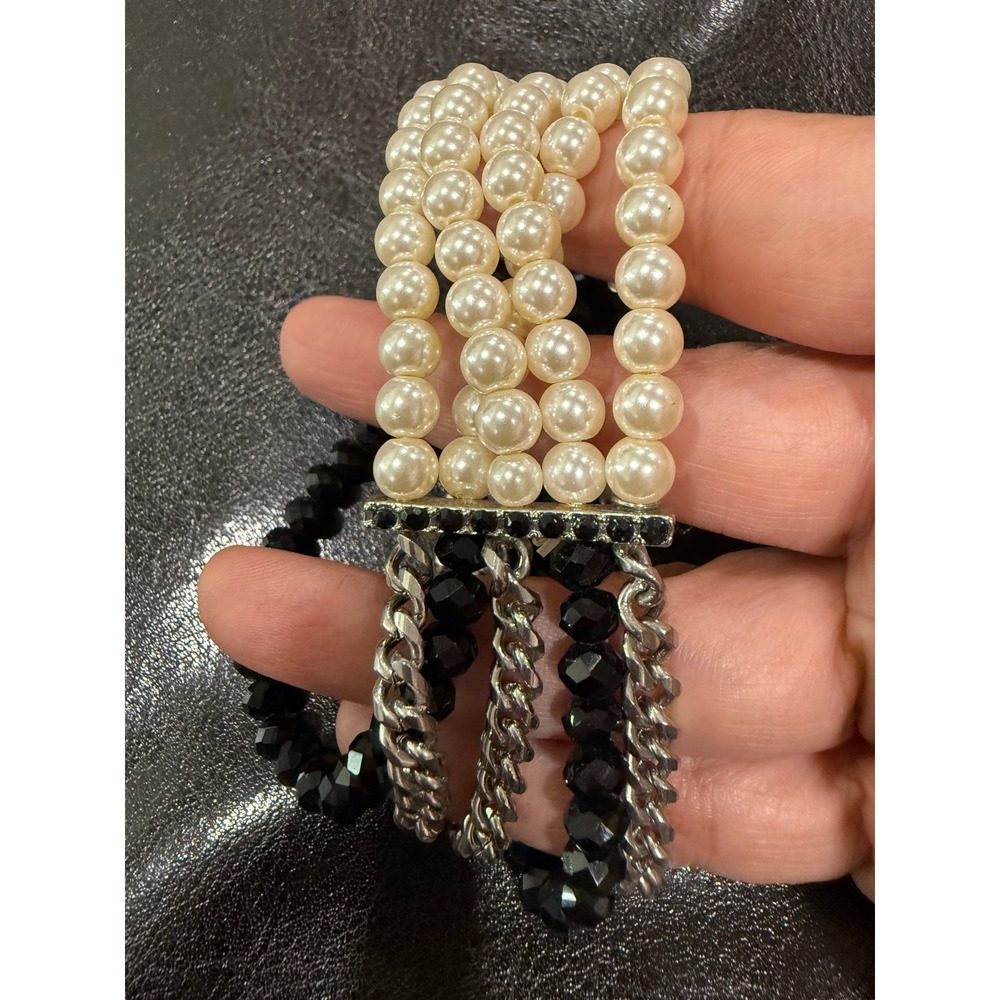 RMN Roman Multi Strand Faux Pearl Black‎ Bead Silver Chain Statement Bracelet